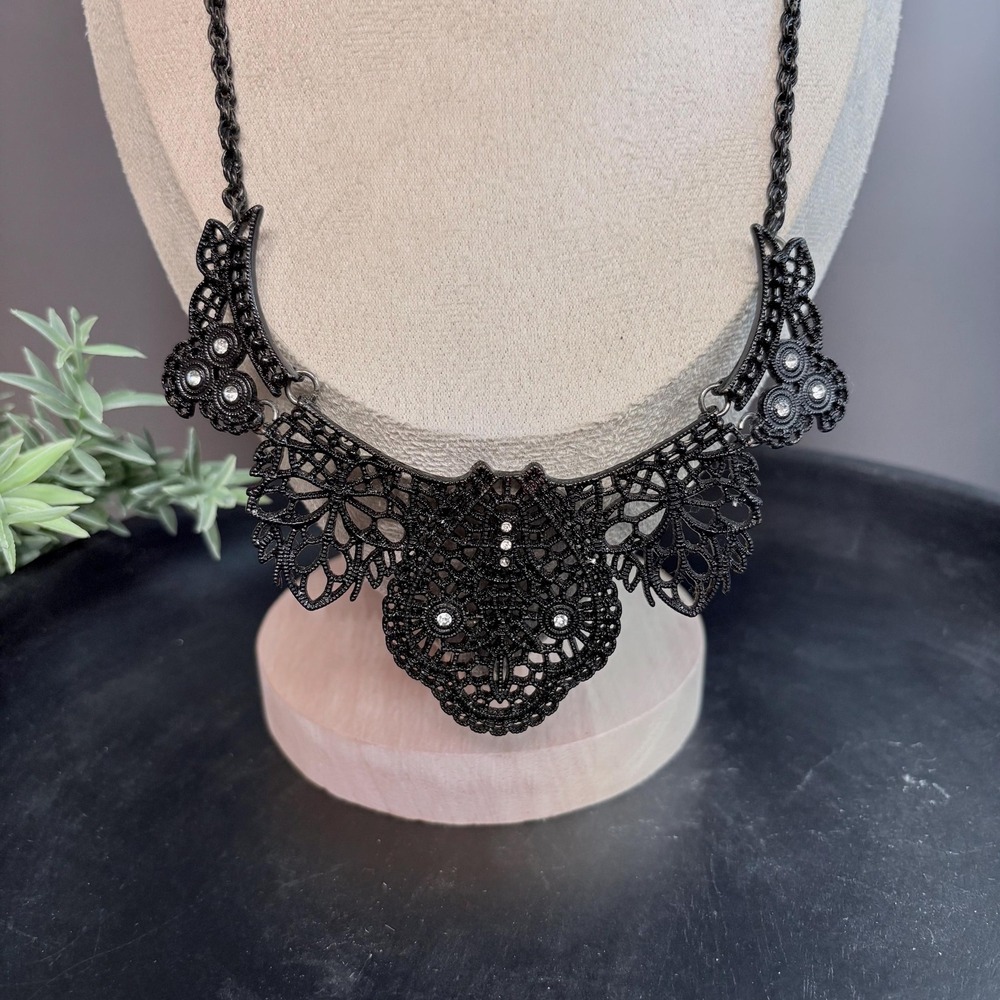 Gothic Owl Statement Necklace 20 In | Black Filigree Bib | Witchy Dark Academia - Picture 5 of 7